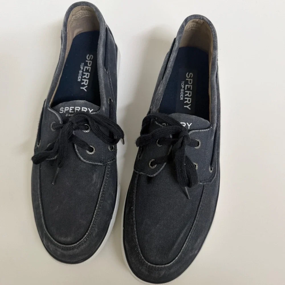 Sperry Top-Sider Mens Washed Navy Blue Canvas Boat Shoes Minimalist Sneakers 10